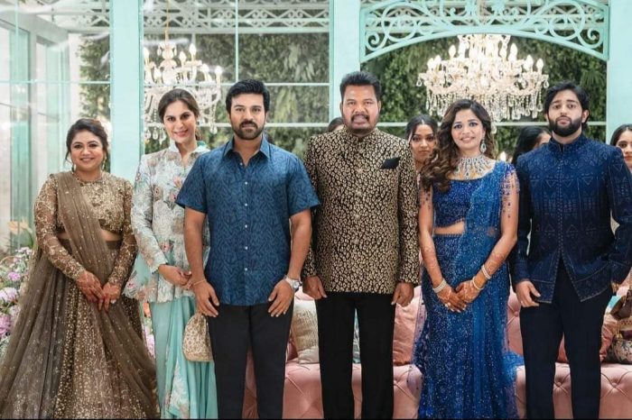 𝐌𝐄𝐆𝐀 𝐒𝐓𝐀𝐑 @KChiruTweets and 𝐆𝐥𝐨𝐛𝐚𝐥 𝐒𝐭𝐚𝐫 @AlwaysRamCharan, along with their families, attended the wedding reception of @shankarshanmugh's daughter ✨