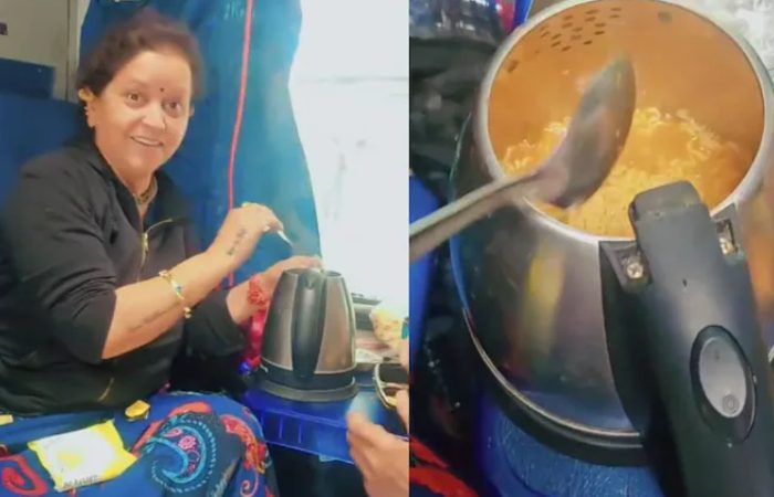 ട്രെയിനിലെ എ സി കമ്പാർട്ട്മെന്റിൽ ഭക്ഷണം പാചകം ചെയ്യുന്ന വീഡിയോ; കെറ്റിലിൽ നൂഡിൽസ് ഉണ്ടാക്കിയ സ്ത്രീക്കെതിരെ നടപടിയുമായി റെയിൽവേ
